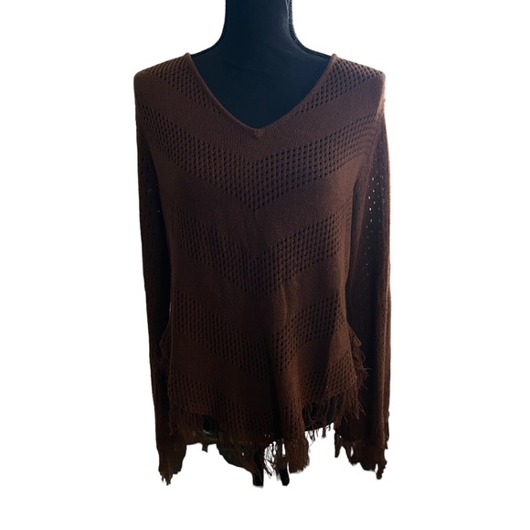 Fringed BoHo Y2K V-neck asymmetrical chevron knitted stripe brown sweater - Picture 1 of 10